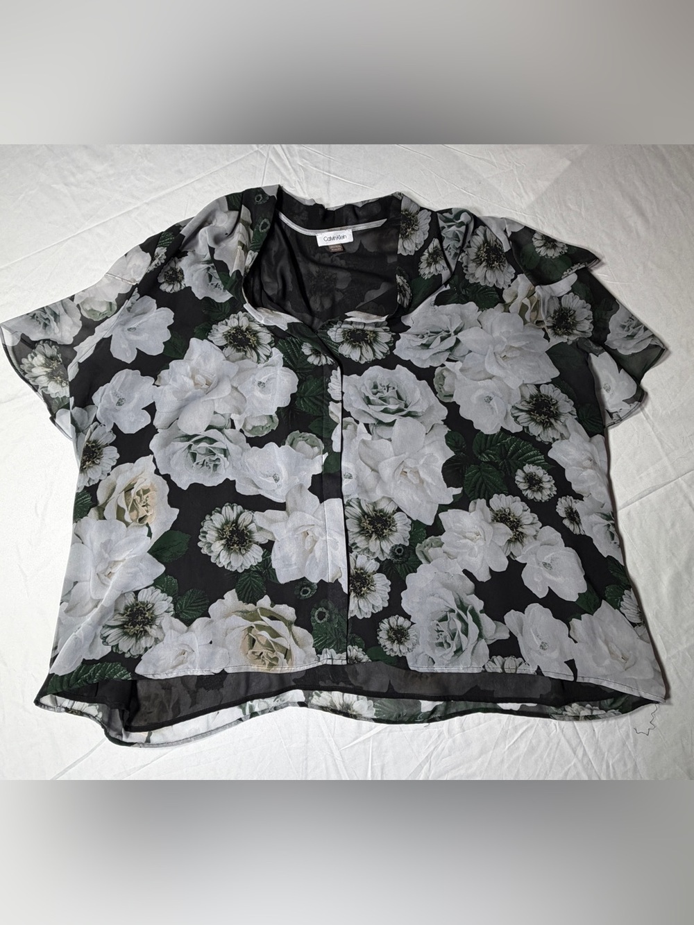 Calvin Klein Black & White Floral Sheer Chiffon Short Sleeve Blouse Button Up